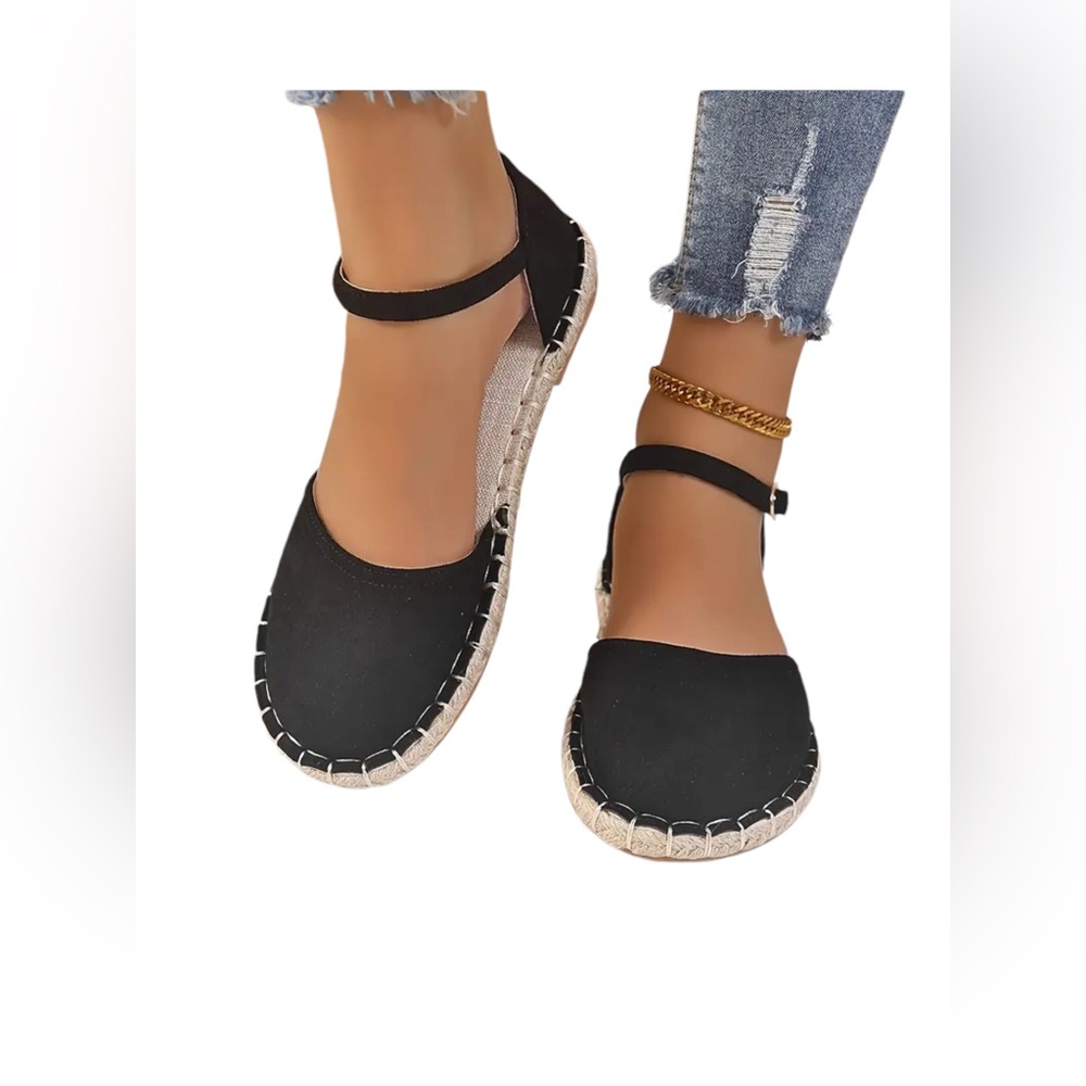 NEW Women's Black Espadrille Flat Shoes, Round Toe Ankle Buckle Decor. Siz…